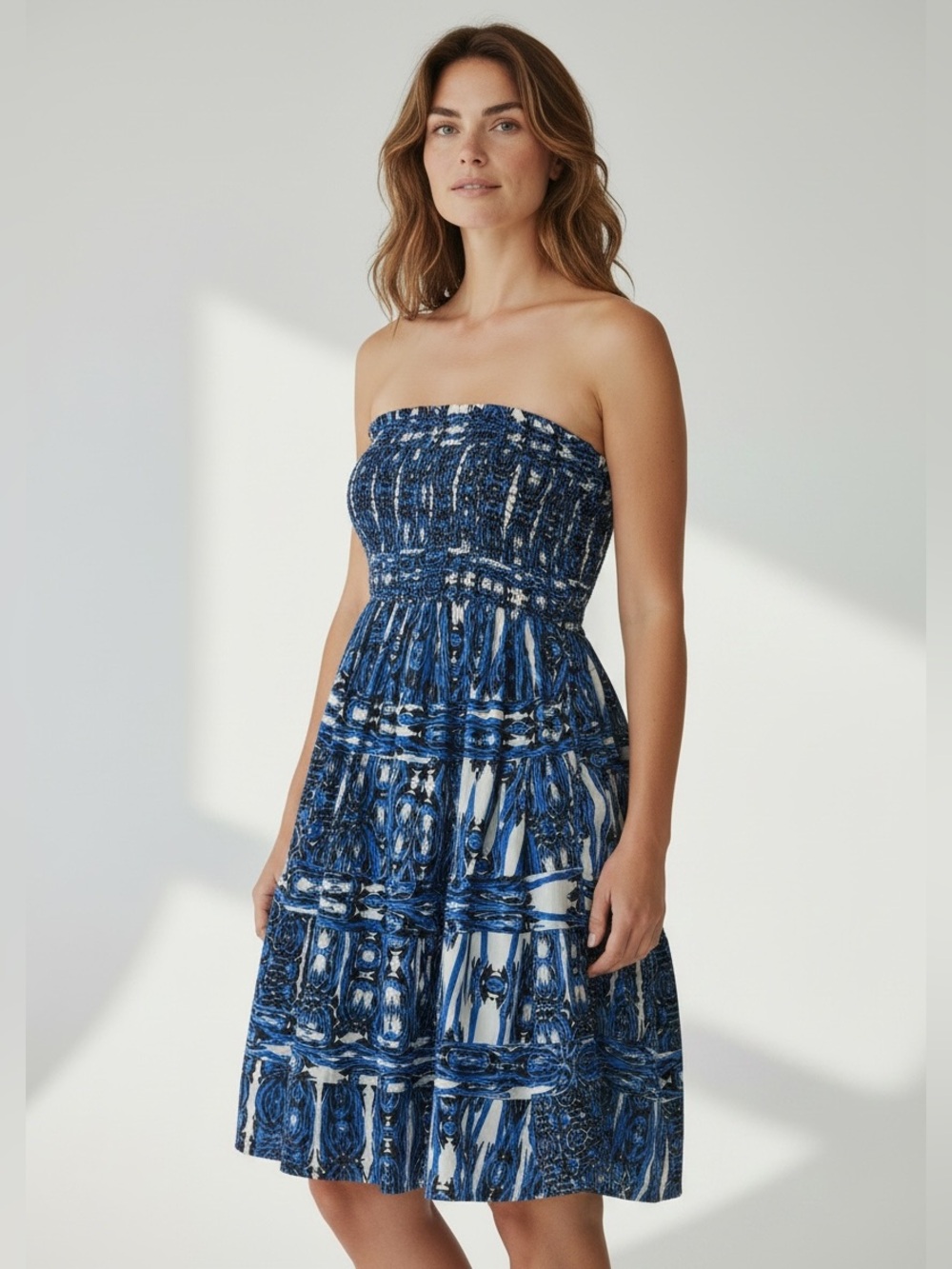 Tracy Reese Strapless Blue Black Abstract Fit & Flare Party Dress Small